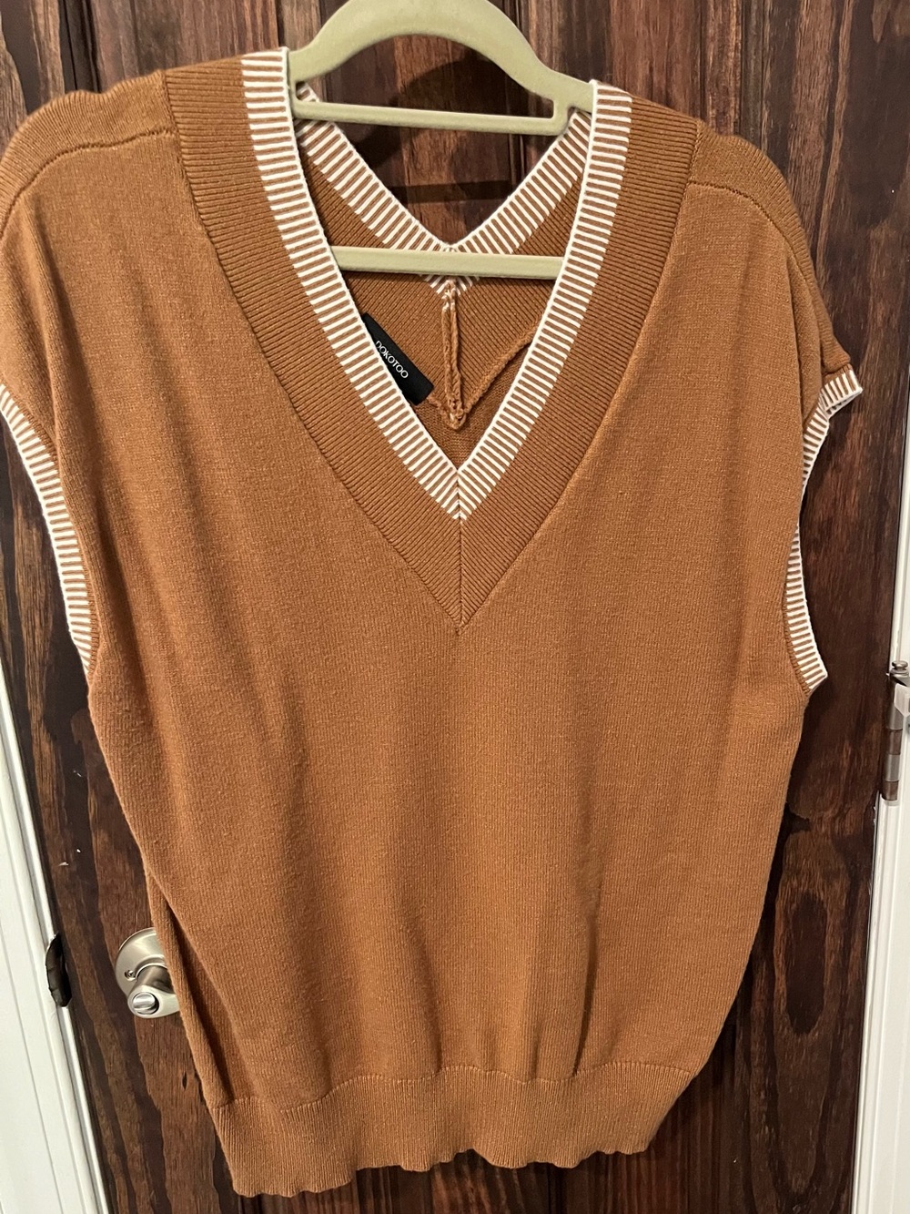 Sleeveless V-Neck Sweater Vest in Camel with Cream Trim